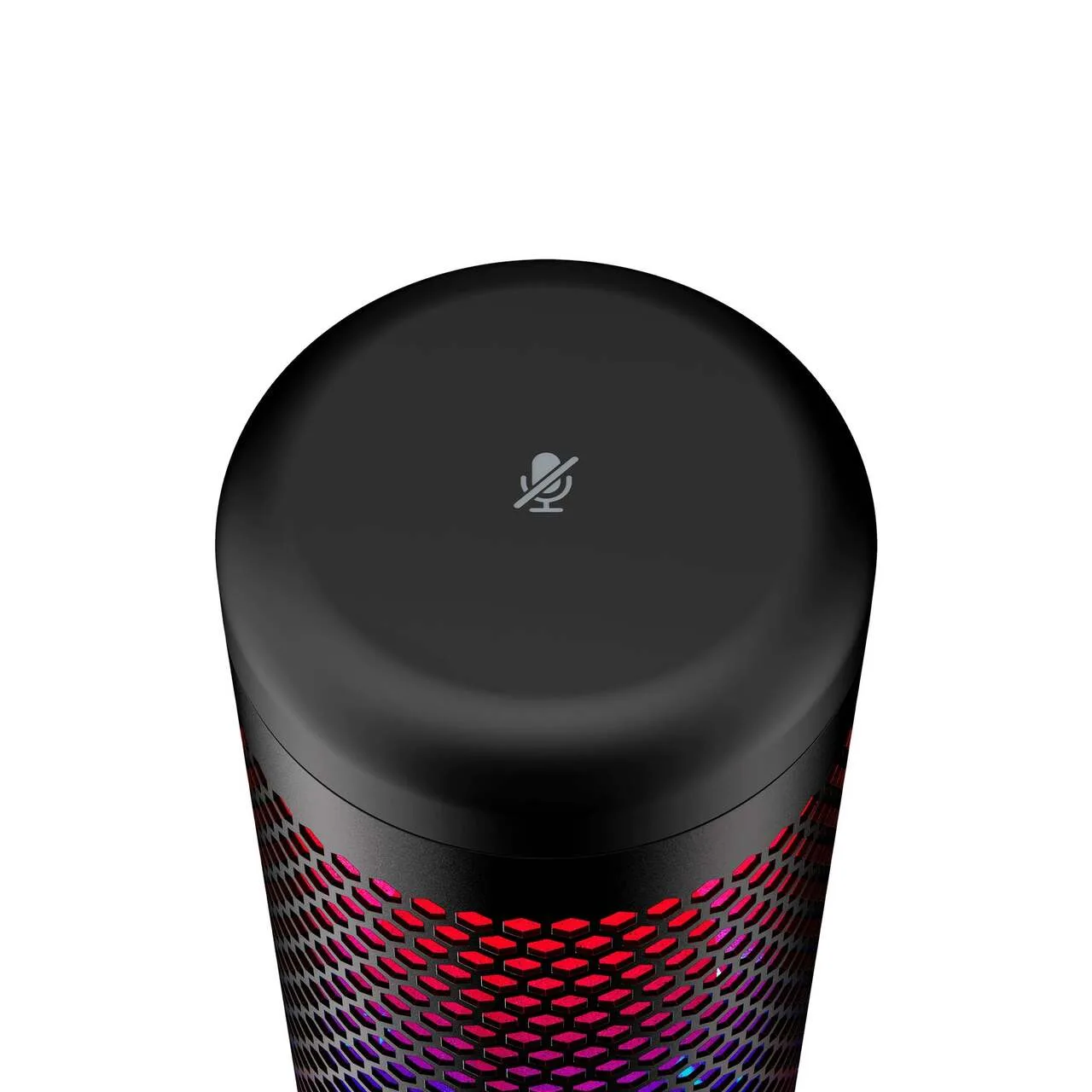 Top of the HyperX QuadCast S with the tap-to-mute sensor and red lighting