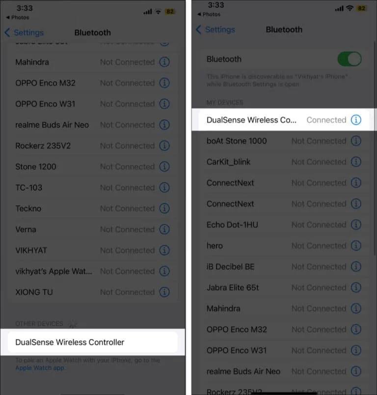 DualSense Wireless Controller listed under Other Devices in iPhone Bluetooth settings, then shown as Connected