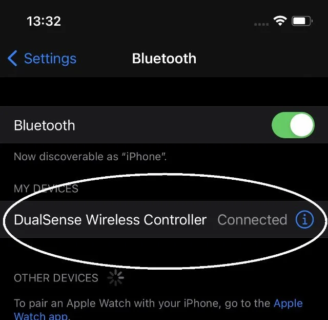 DualSense Wireless Controller shown as Connected under My Devices on iPhone