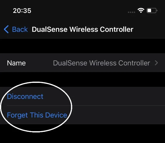 Disconnect and Forget This Device options for a DualSense controller in iPhone Bluetooth settings