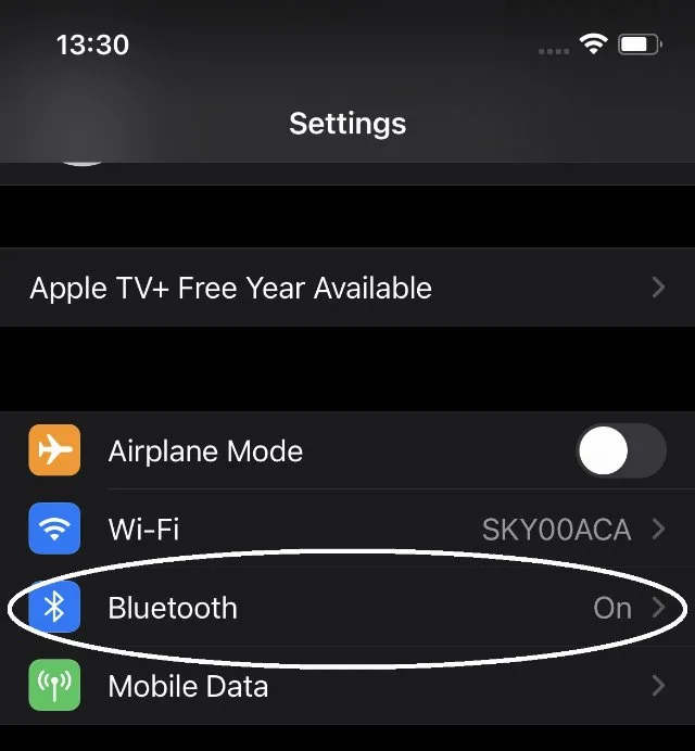 Bluetooth option in the iPhone Settings app
