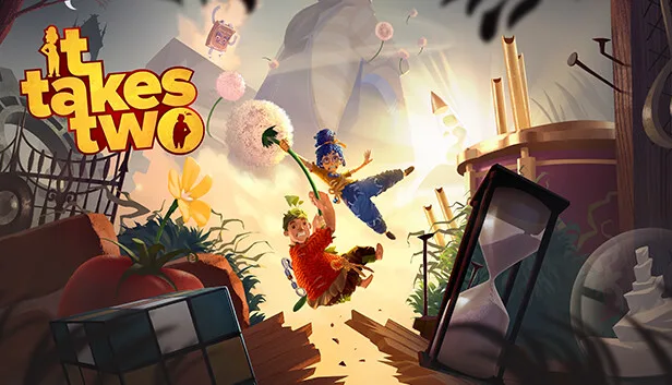 Couch co op games: It Takes Two key art showing Cody and May as dolls