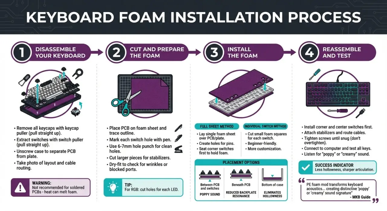 Foam mod steps for a mechanical keyboard: take it apart, cut the foam, fit it and put it back together