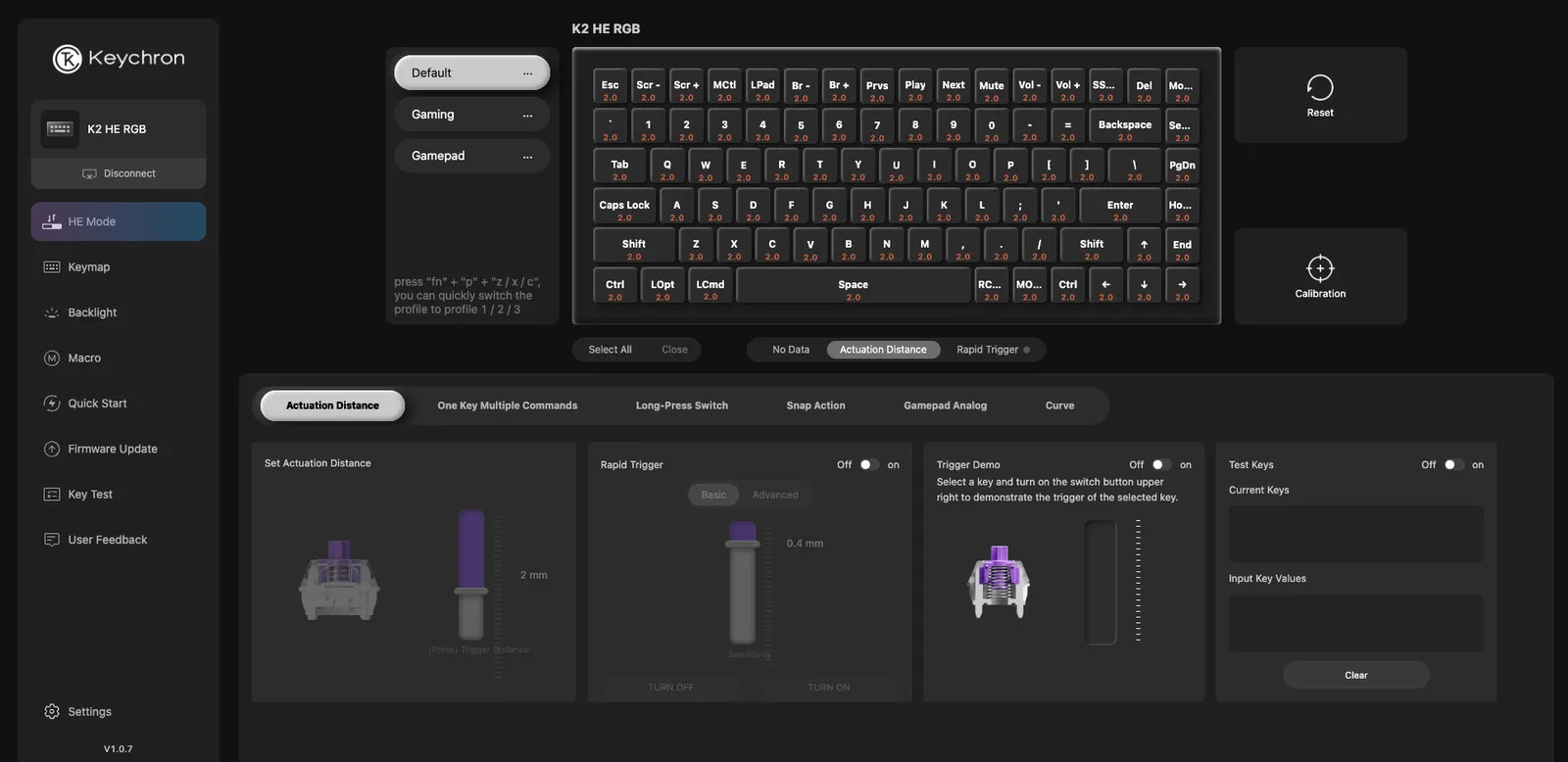 Keychron Launcher web app HE Mode screen with actuation distance and Rapid Trigger settings