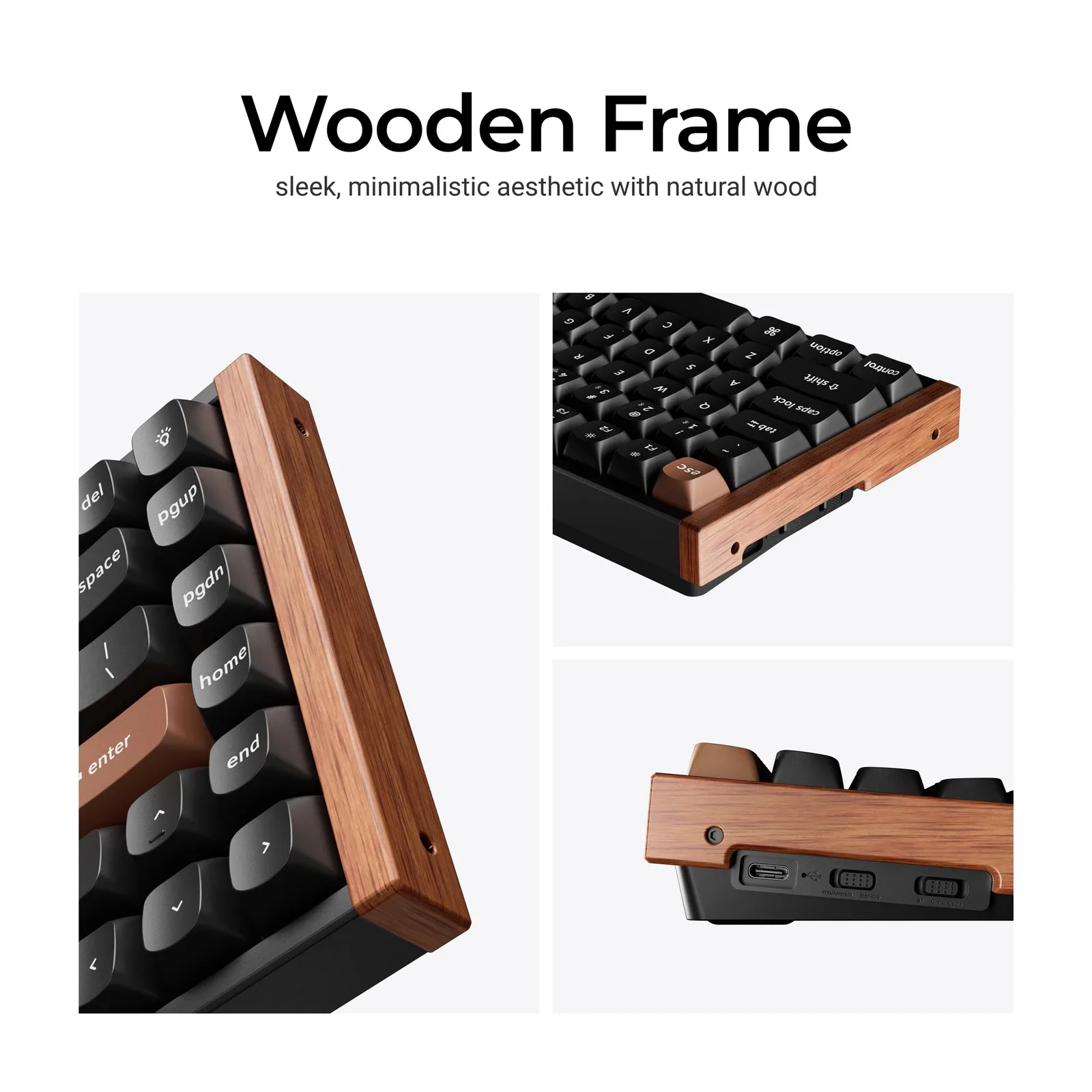 Close-up of the Keychron K2 HE wooden side frame, USB-C port and connection switches