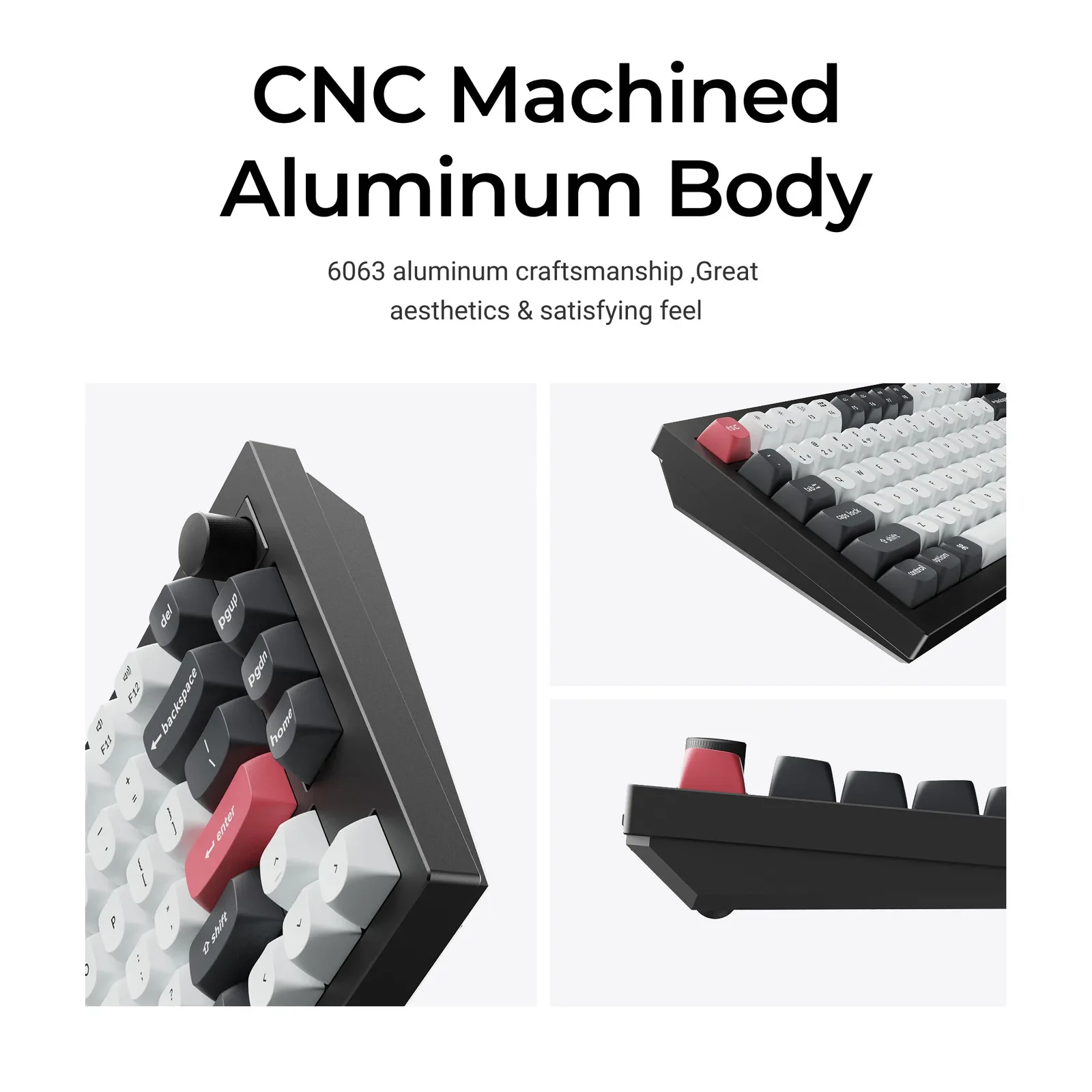 Close-up views of the Keychron Q1 HE CNC machined aluminum case, knob and keycaps
