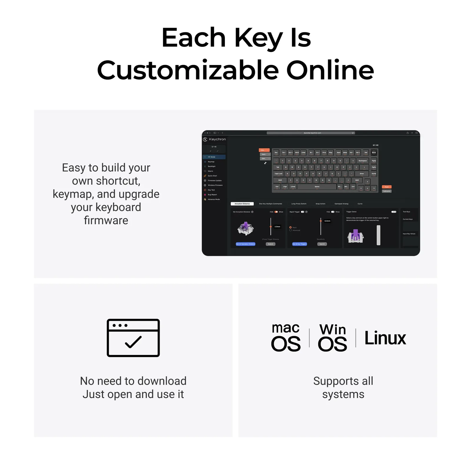 Keychron Launcher web app showing actuation distance and Rapid Trigger settings for the Q1 HE