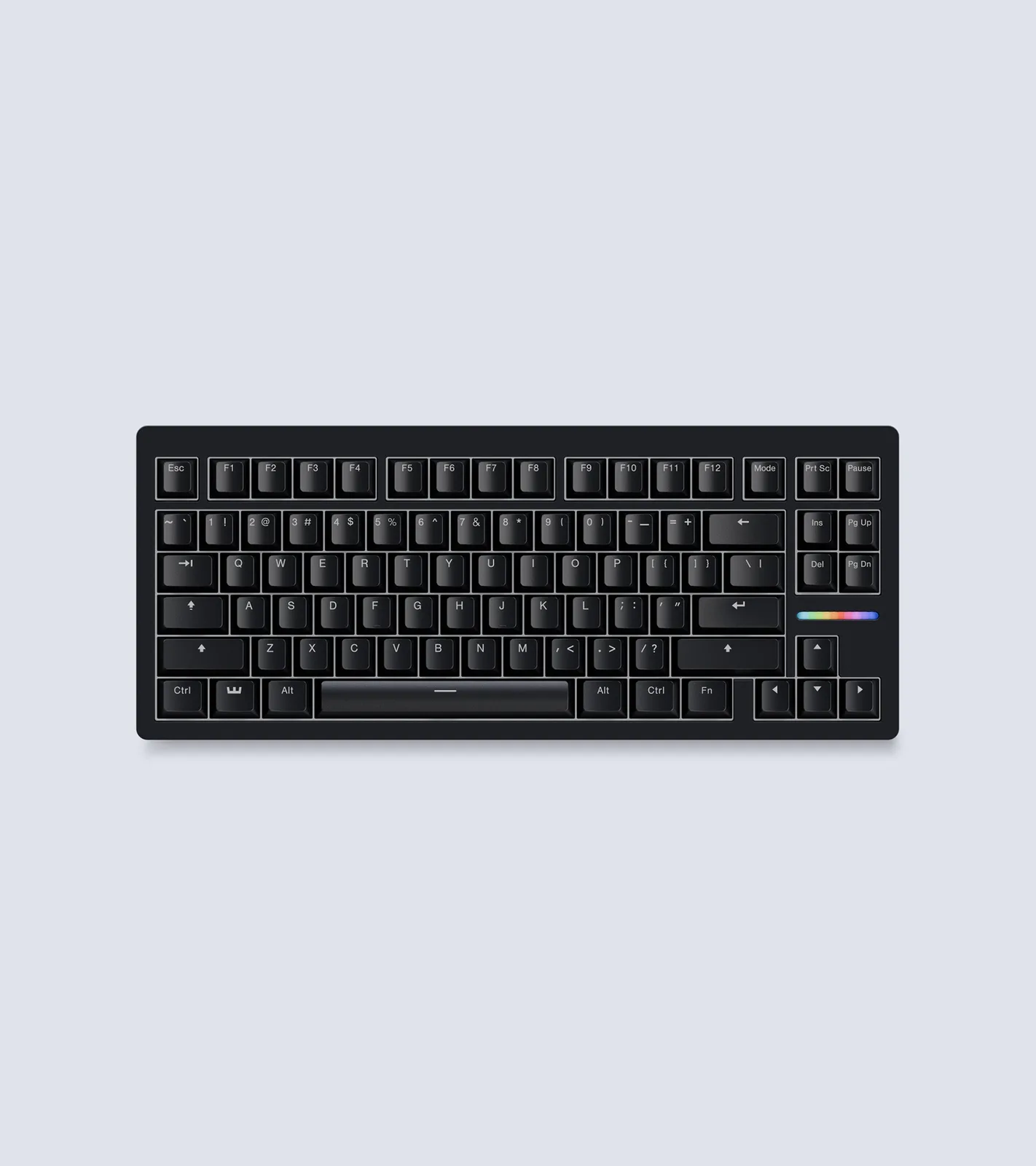 Wooting 80HE 80% layout in black PCR plastic, top view