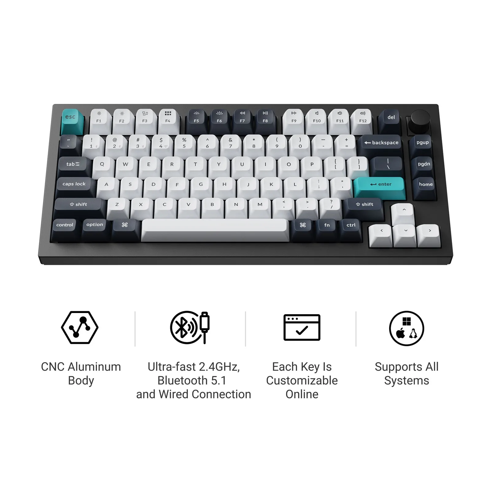 Top view of the Keychron Q1 Max 75% keyboard with a volume knob and navy and white keycaps