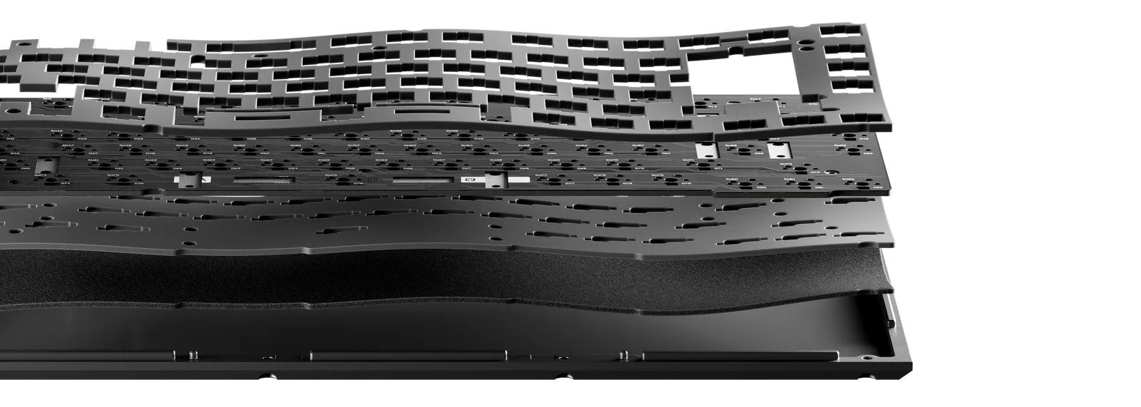 Exploded view of the Q1 Max showing the plate, PCB, and layers of acoustic foam above the aluminum bottom case