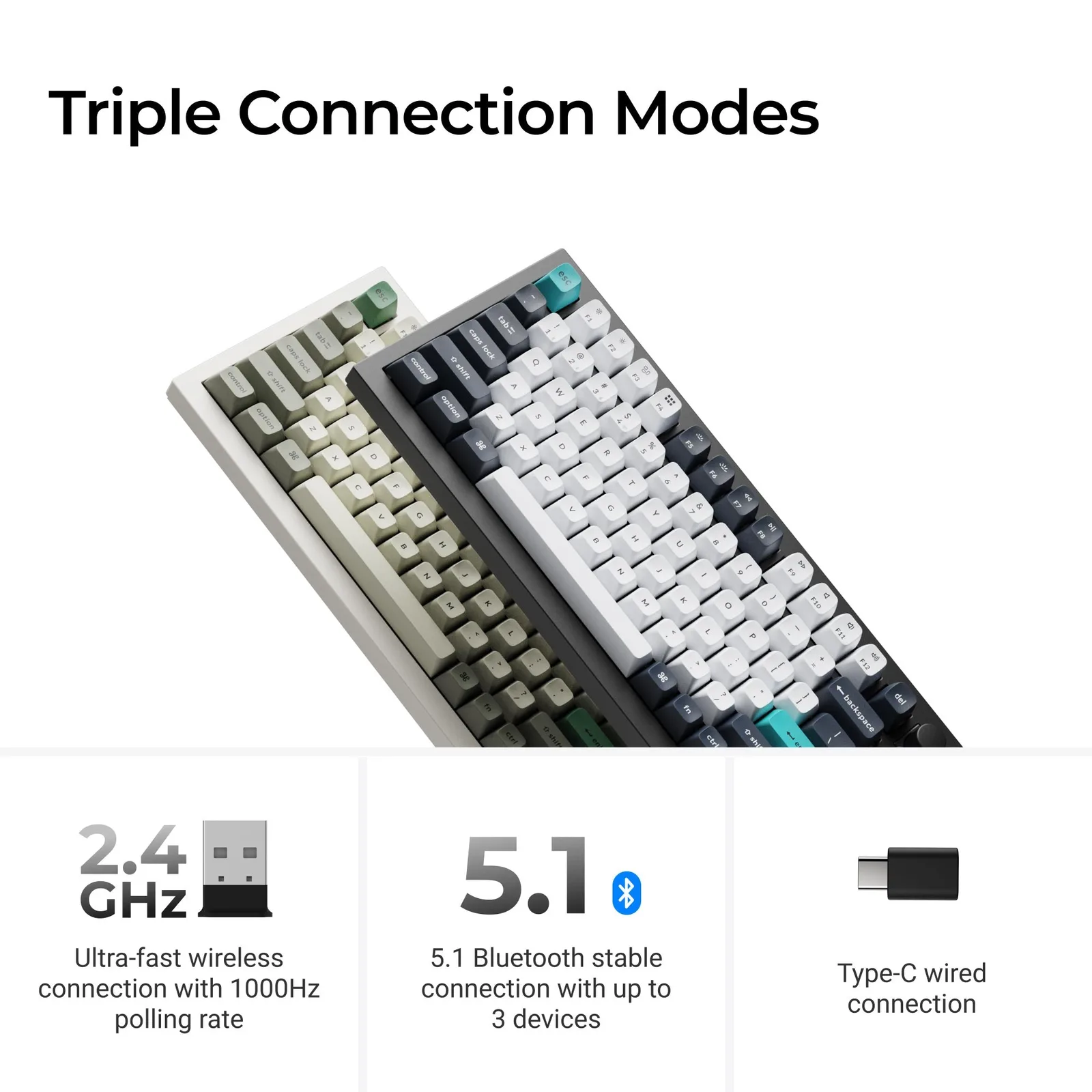 Keychron Q1 Max in two colorways with icons for the 2.4 GHz receiver, Bluetooth 5.1, and USB-C wired modes