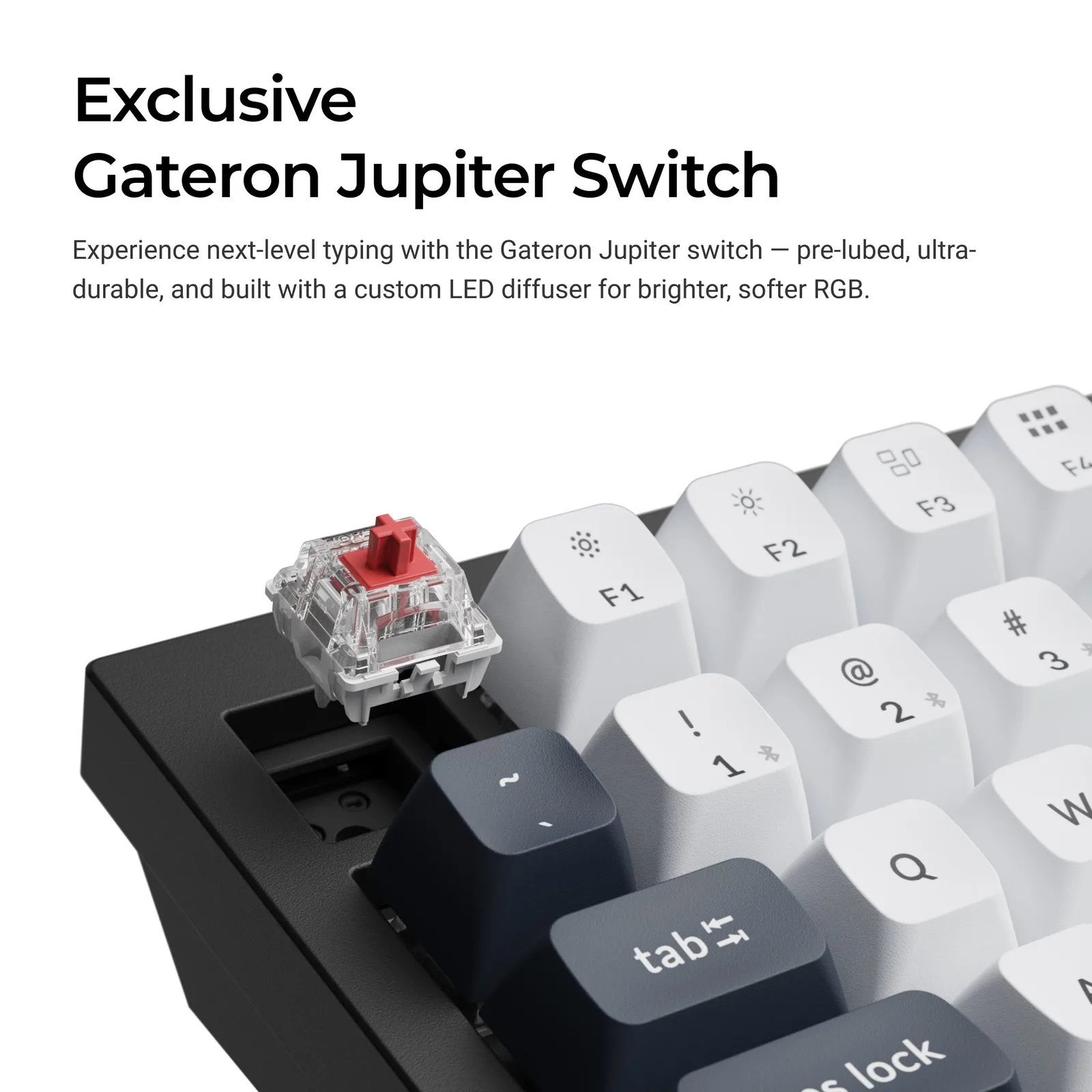 Gateron Jupiter Red switch sitting on the Q1 Max PCB next to PBT keycaps