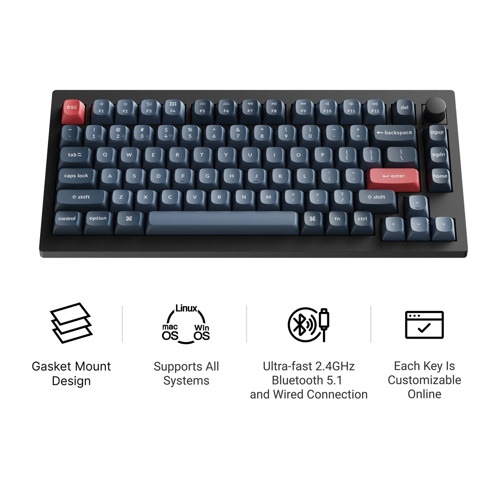 Keychron V1 Max 75% keyboard top view with volume knob and OSA keycaps