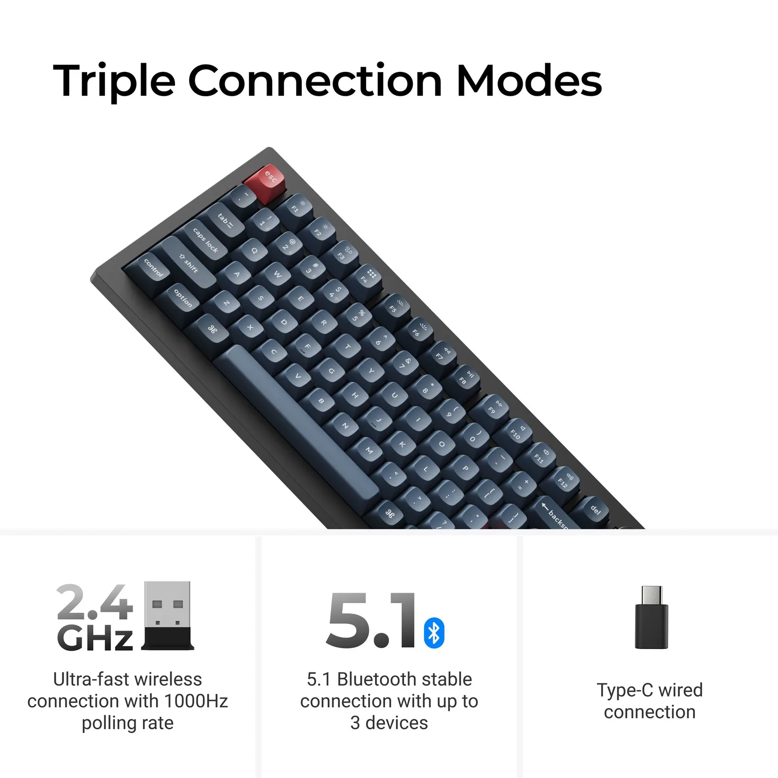 Keychron V1 Max connection options: 2.4 GHz receiver, Bluetooth 5.1 and USB-C