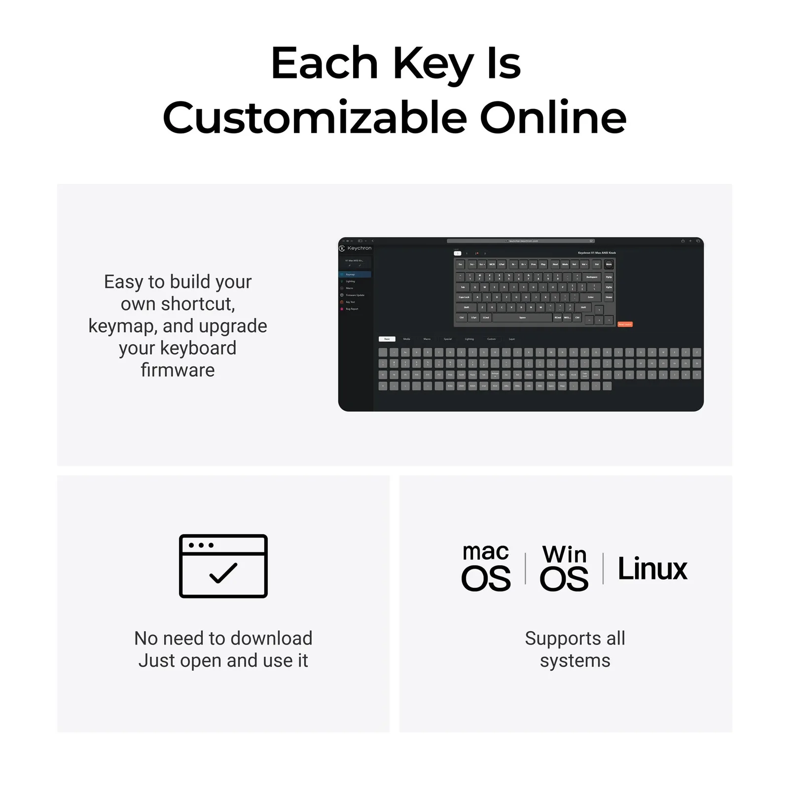 Keychron Launcher web app showing the V1 Max keymap editor