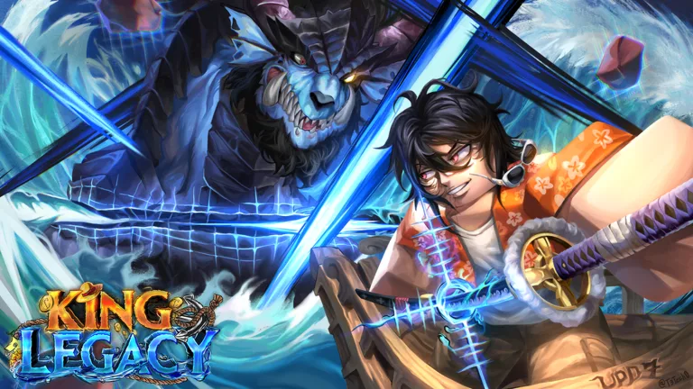 King Legacy key art of a swordsman facing a sea monster