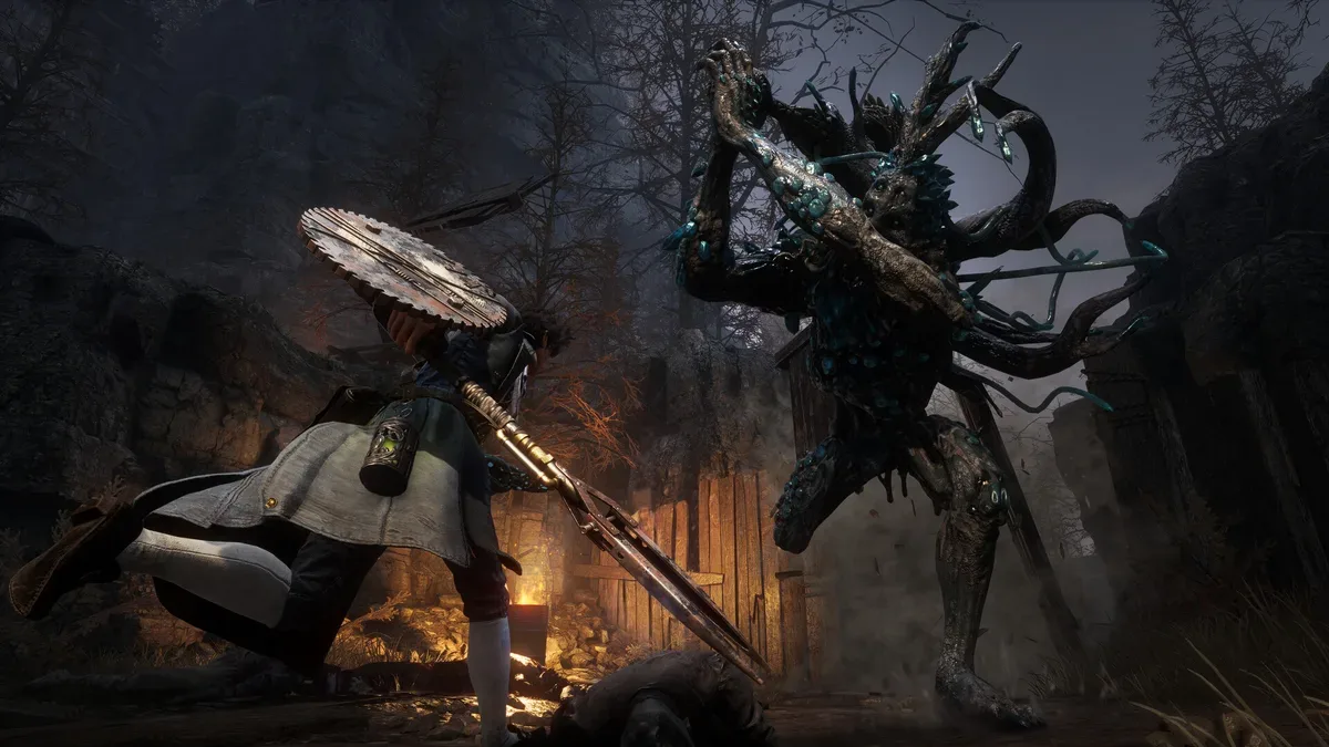 P swinging a saw-blade weapon at a giant monster in Lies of P