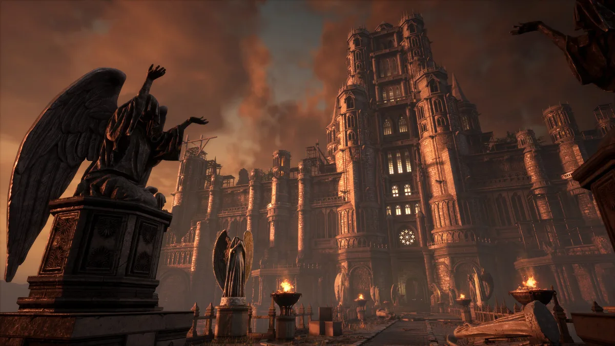 The ruined city of Krat with a winged statue in Lies of P