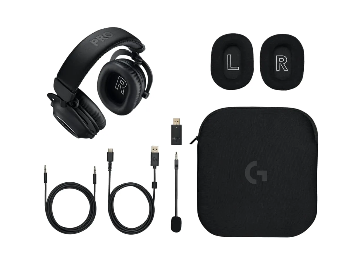 Logitech G Pro X 2 Lightspeed box contents with spare ear pads, dongle, cables, mic and carrying pouch