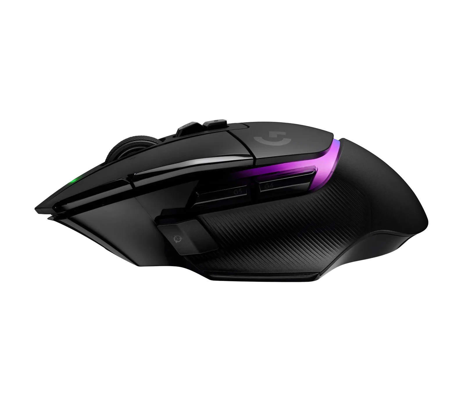 Side view of the Logitech G502 X Plus showing the G4 and G5 thumb buttons and ribbed grip