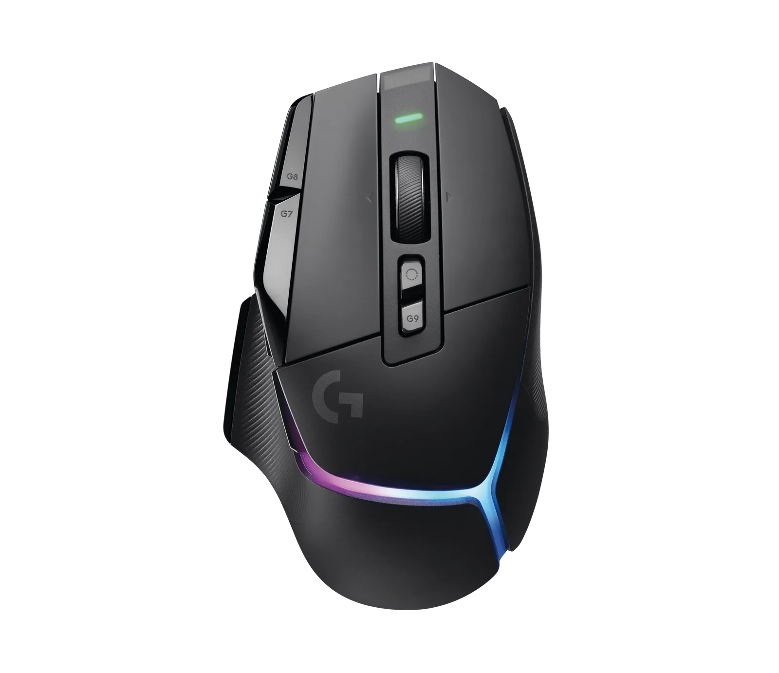 Top view of the black Logitech G502 X Plus with side buttons and RGB strip