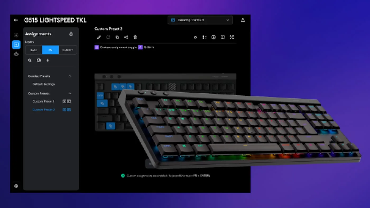 Logitech G Hub assignments screen for the G515 Lightspeed TKL showing the Base, Fn and G-Shift layers