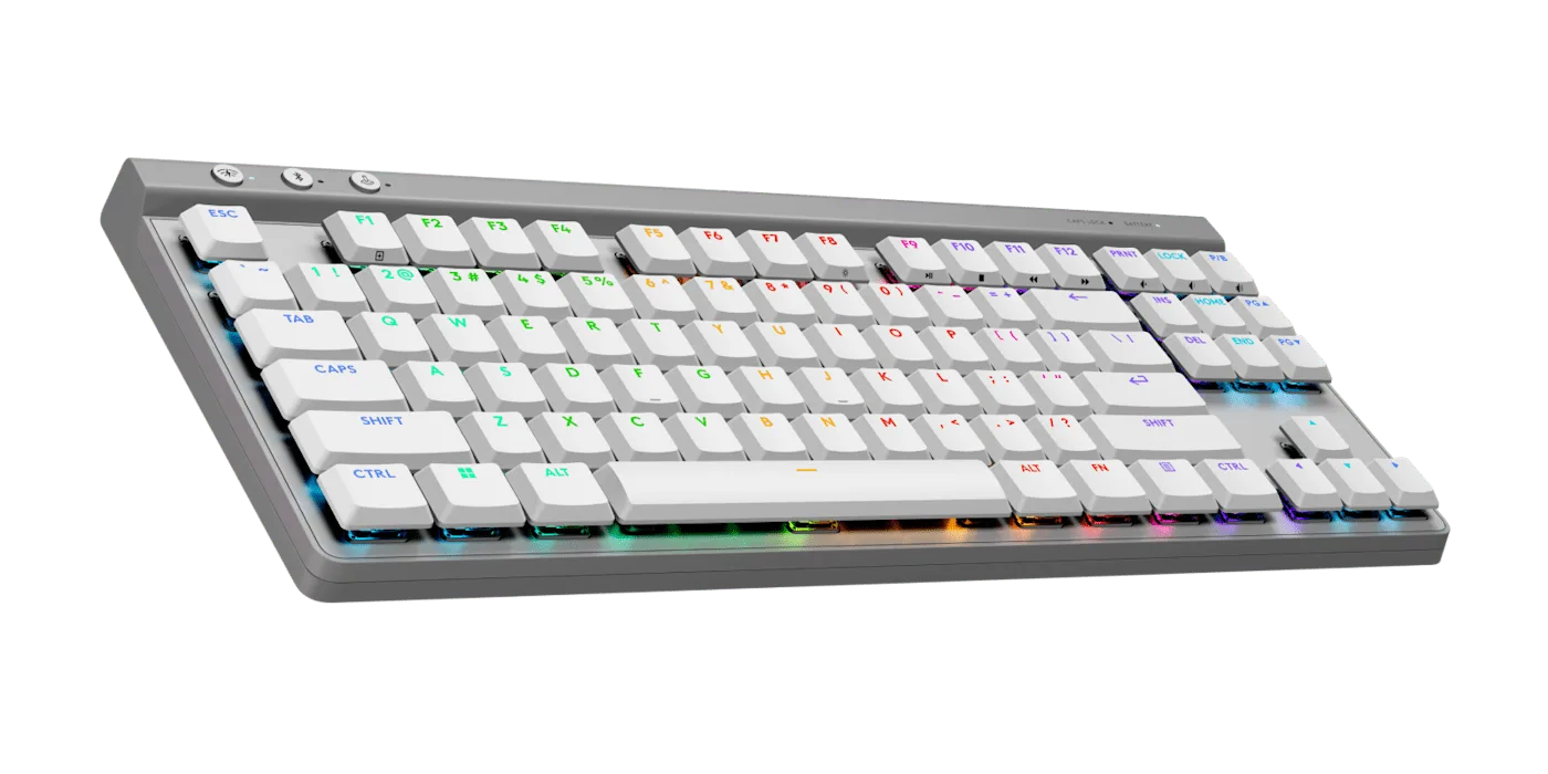 Logitech G515 Lightspeed TKL in white at an angle, showing the low-profile keycaps and three connection buttons