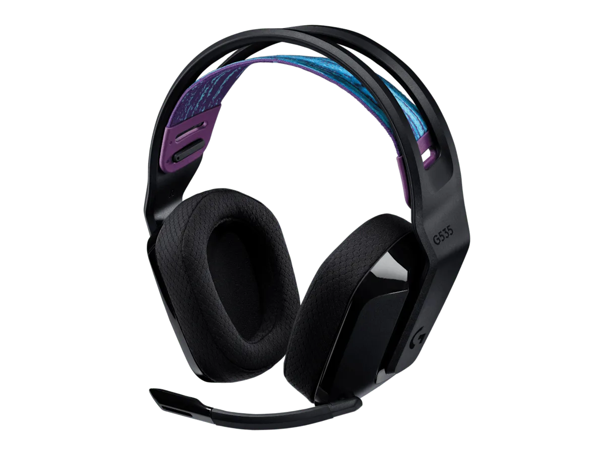 Logitech G535 wireless headset in black with suspension headband and flip-up mic