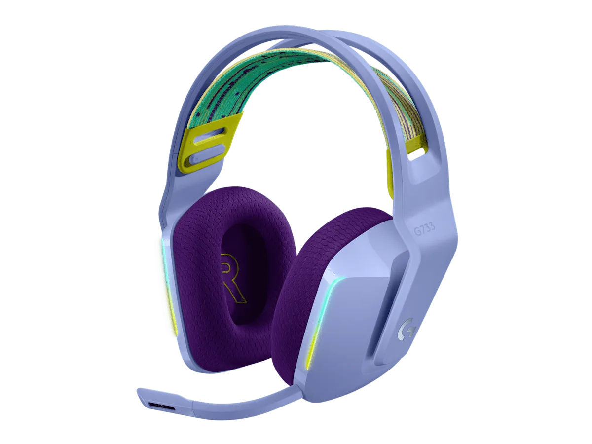 Logitech G733 wireless headset in lilac with RGB light strips on the ear cups