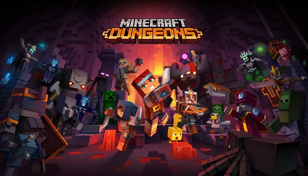 Minecraft Dungeons key art with blocky heroes
