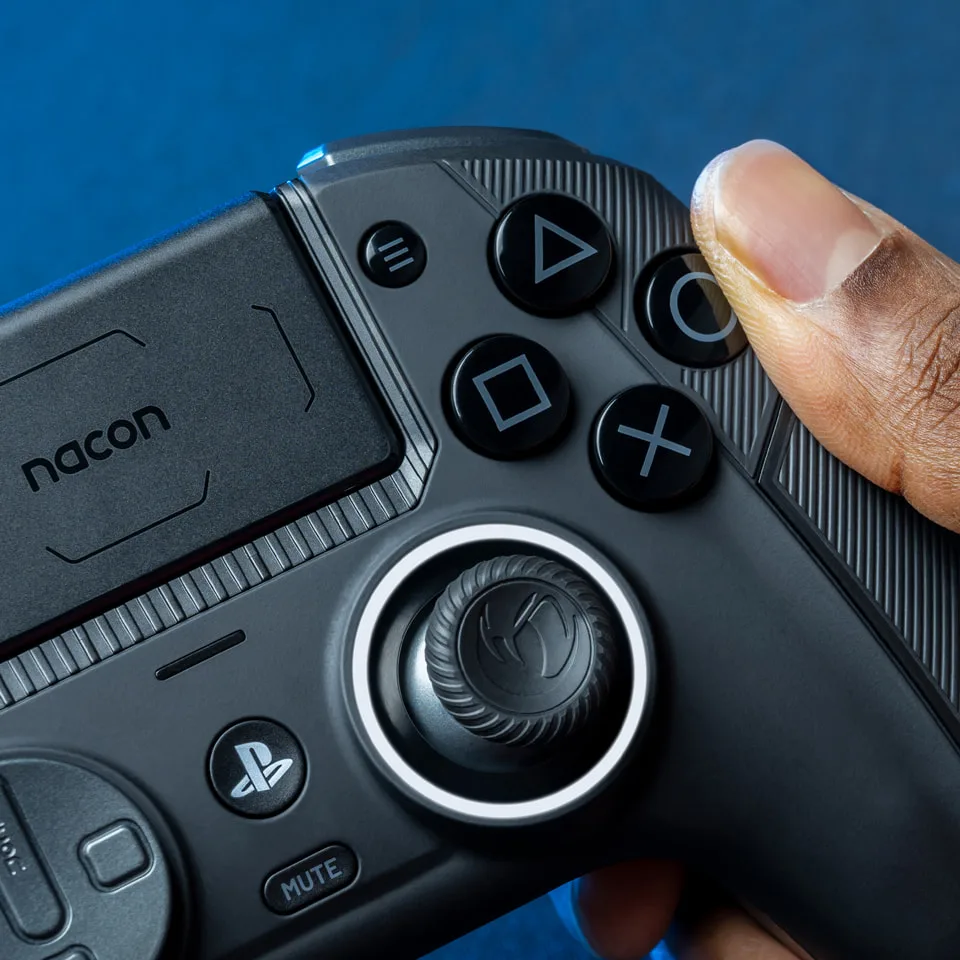 Close-up of the Nacon Revolution 5 Pro face buttons, touchpad and right stick light ring