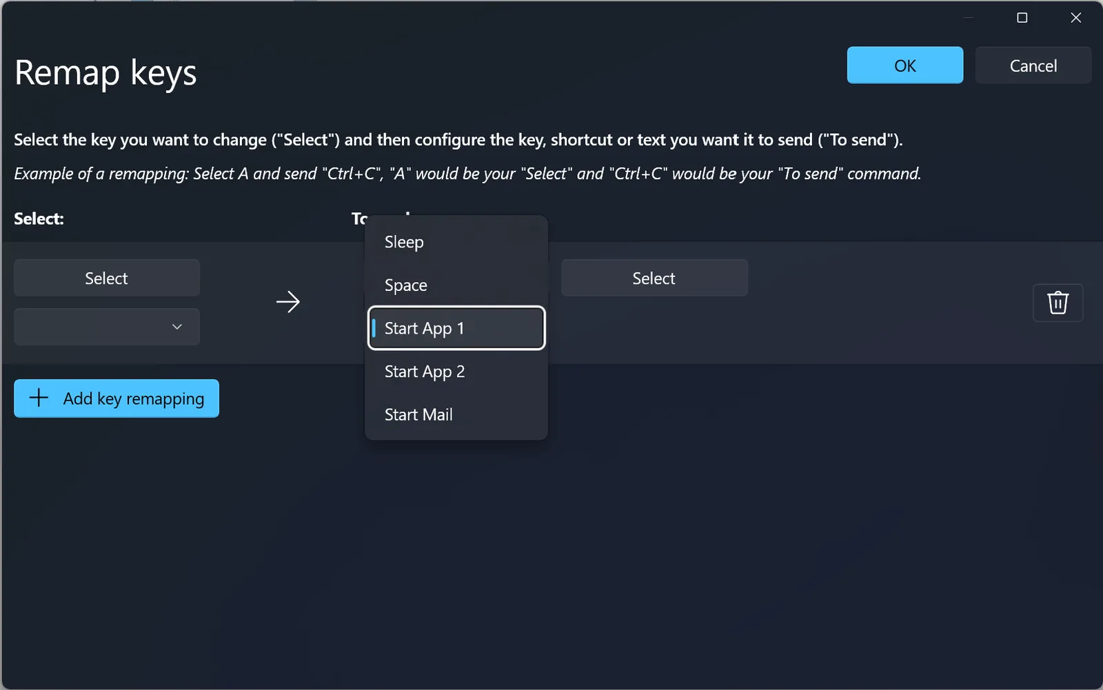 PowerToys Keyboard Manager key drop-down list showing Start App 1