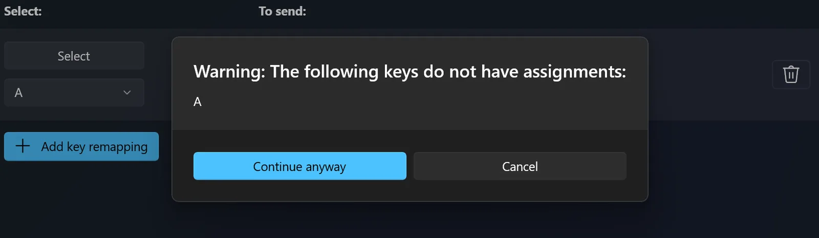 PowerToys Keyboard Manager warning for an orphaned key