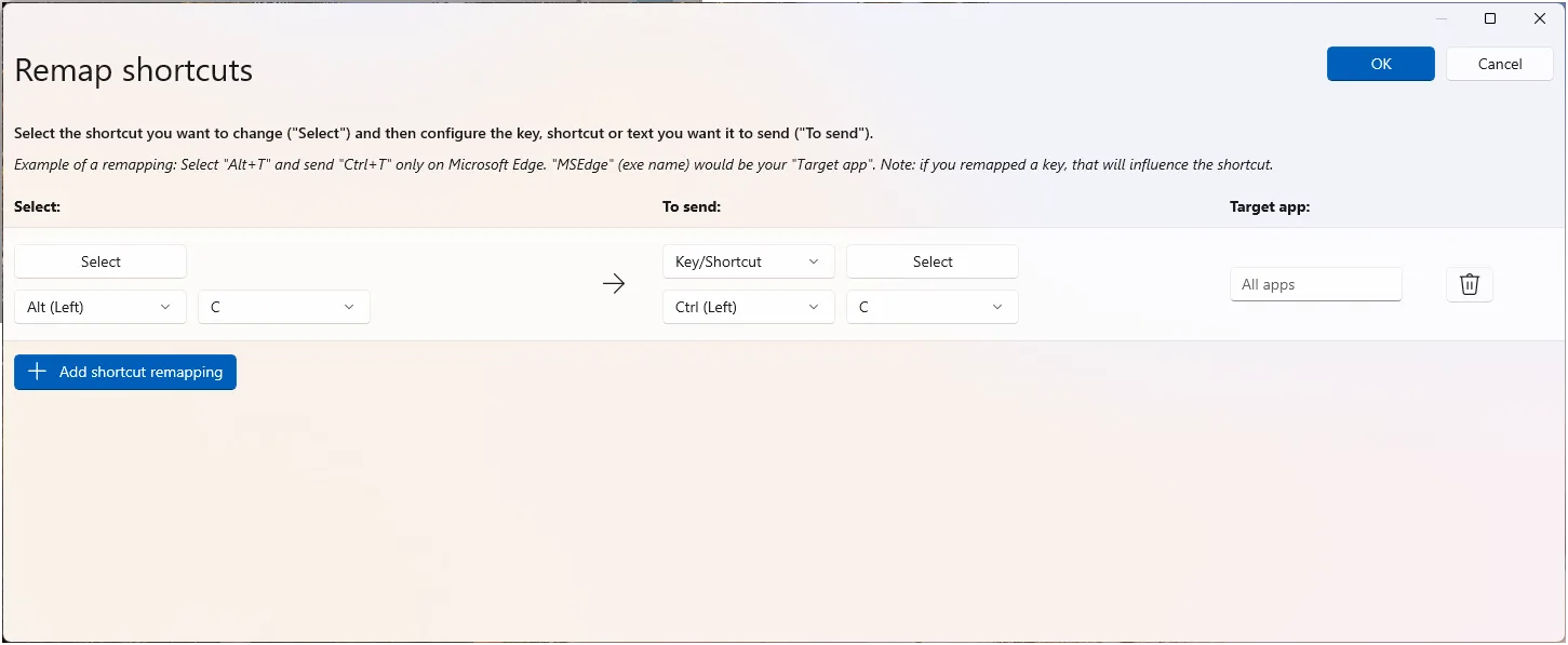 PowerToys Keyboard Manager remapping the Alt+C shortcut to Ctrl+C