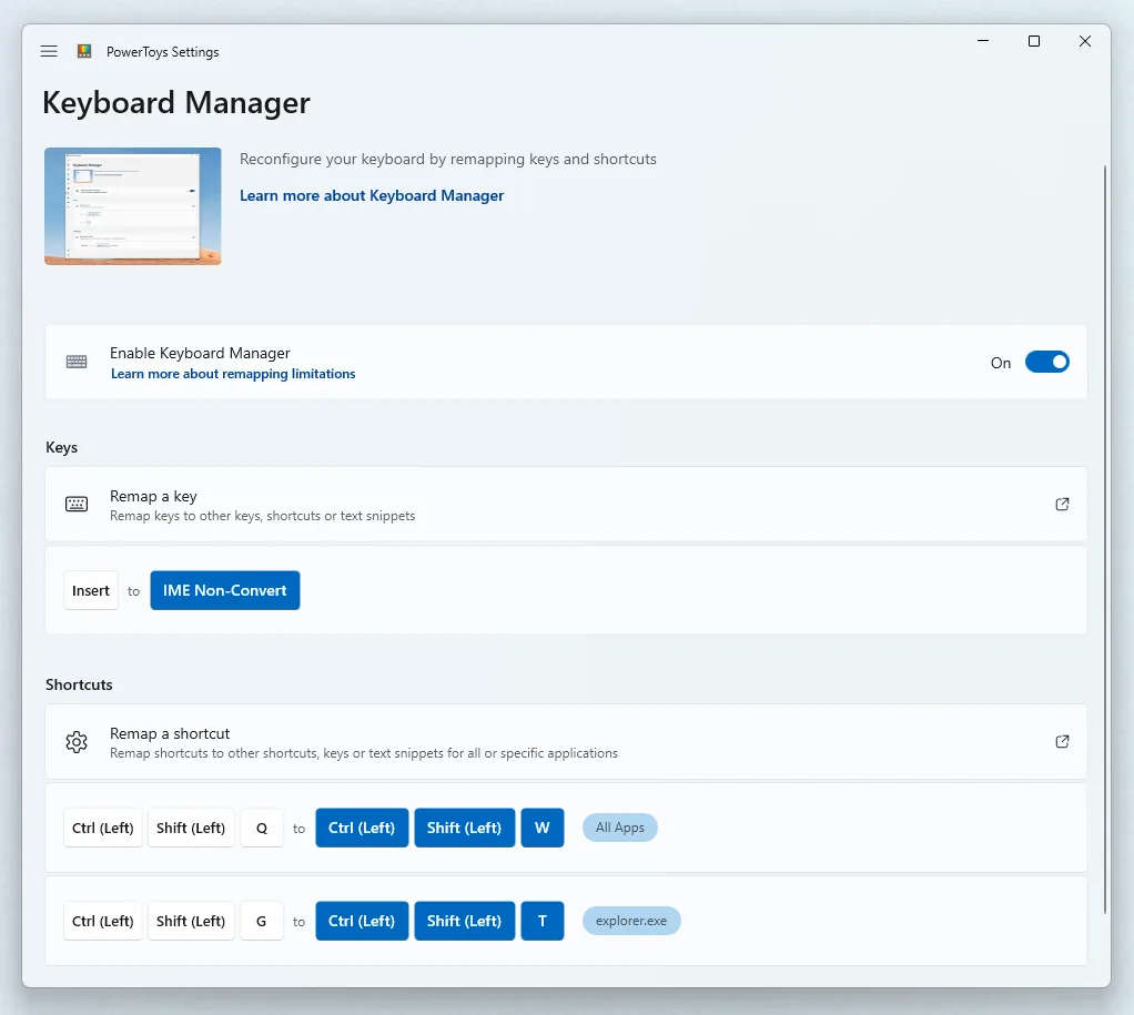 PowerToys Keyboard Manager Remap keyboard window with Select and To send columns