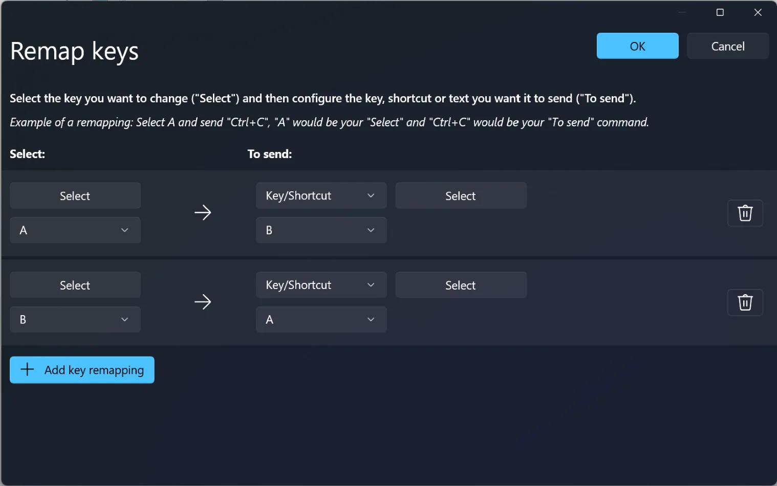 PowerToys Keyboard Manager swapping the A and B keys with two remapping rows
