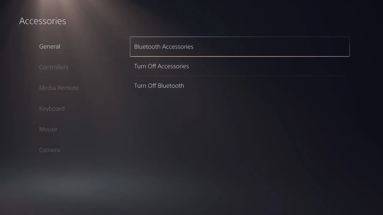 Bluetooth Accessories under General in the PS5 Accessories menu