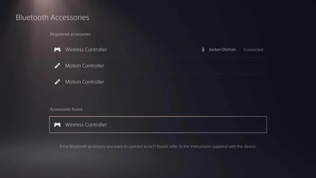 New wireless controller listed under Accessories Found on the PS5 Bluetooth Accessories screen