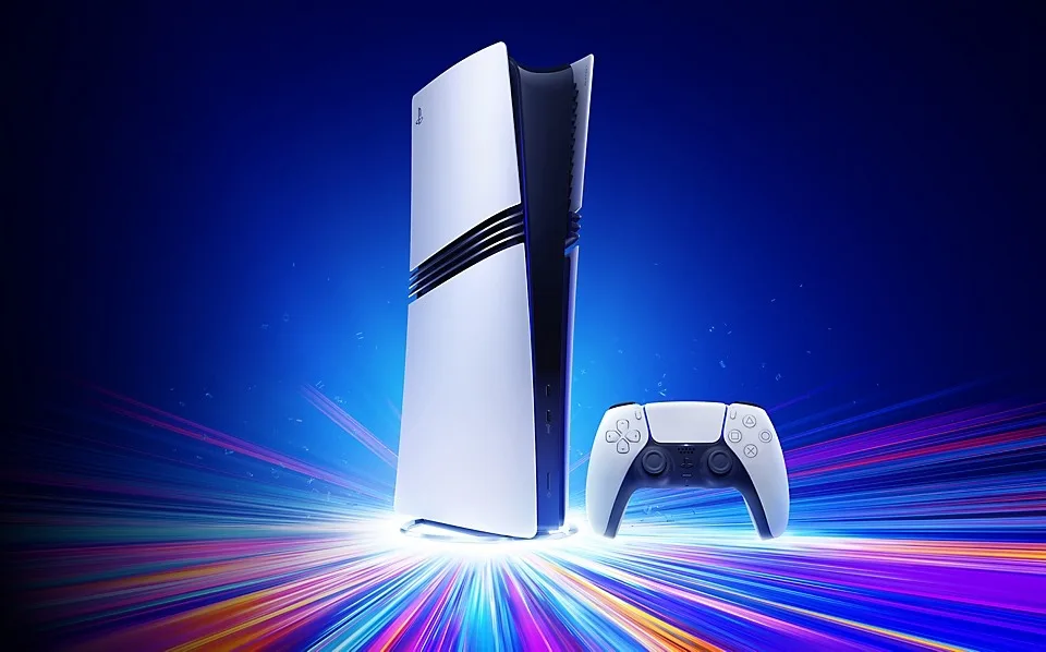 PS5 Pro console and DualSense controller on a blue and purple light-burst background