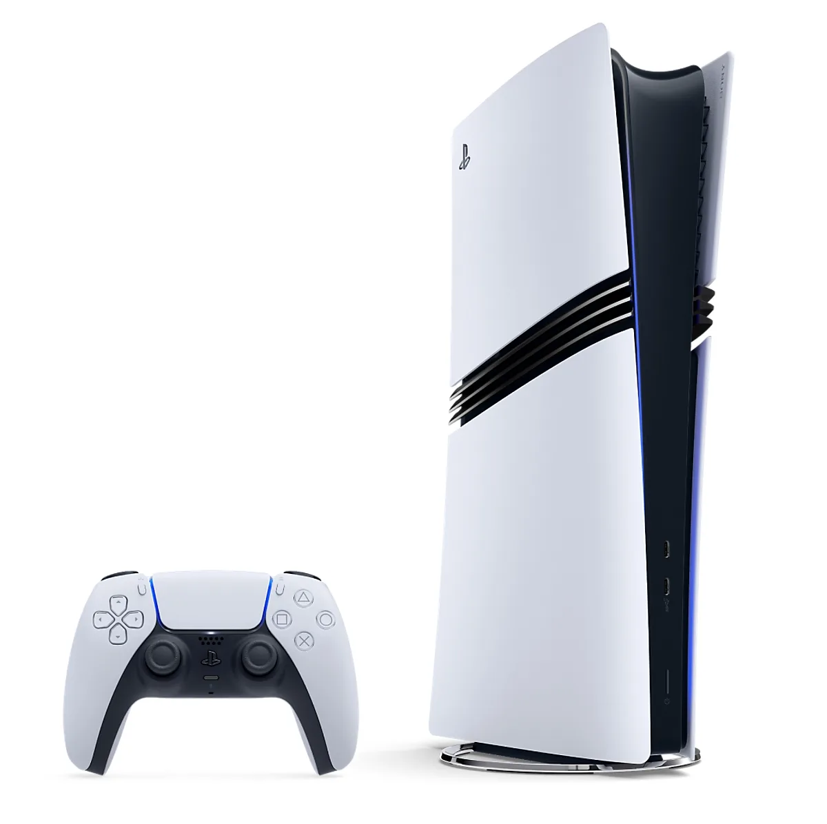 PS5 Pro console standing upright next to a white DualSense controller