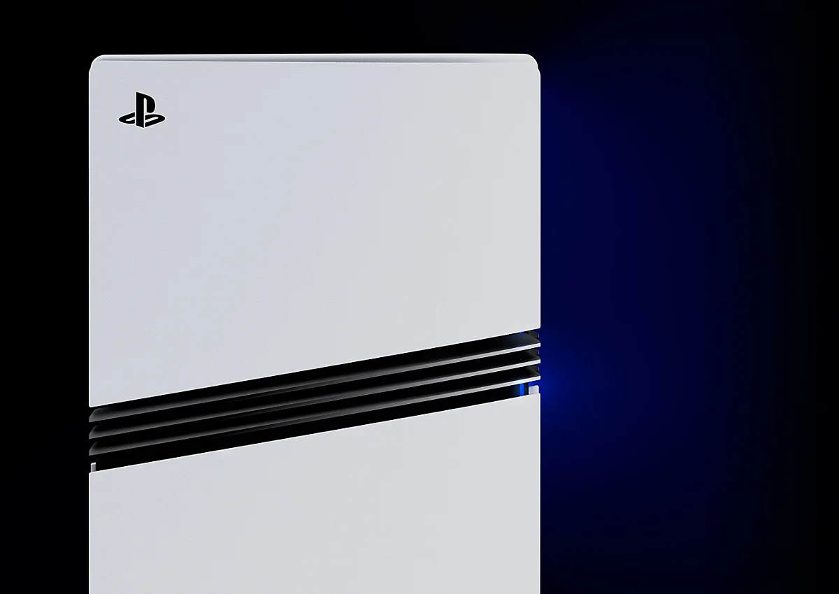 Close-up of the PS5 Pro front panel with its three black vent stripes