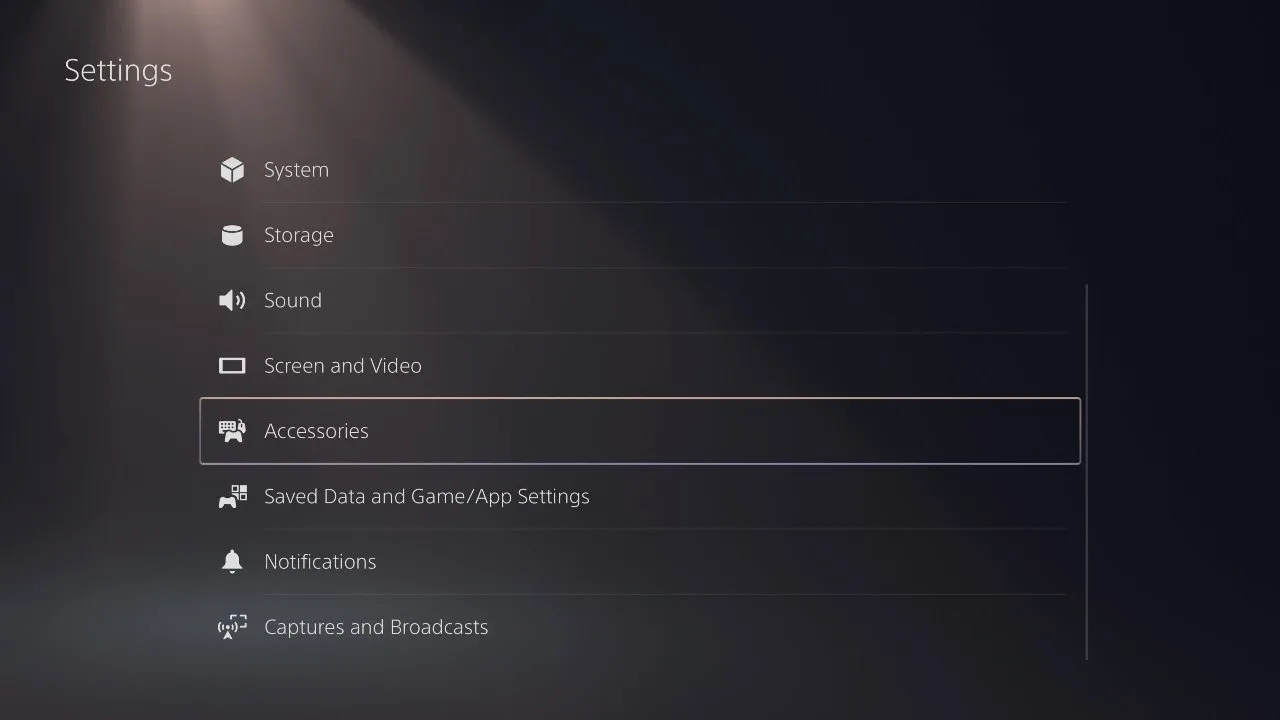 Accessories option in the PS5 Settings menu