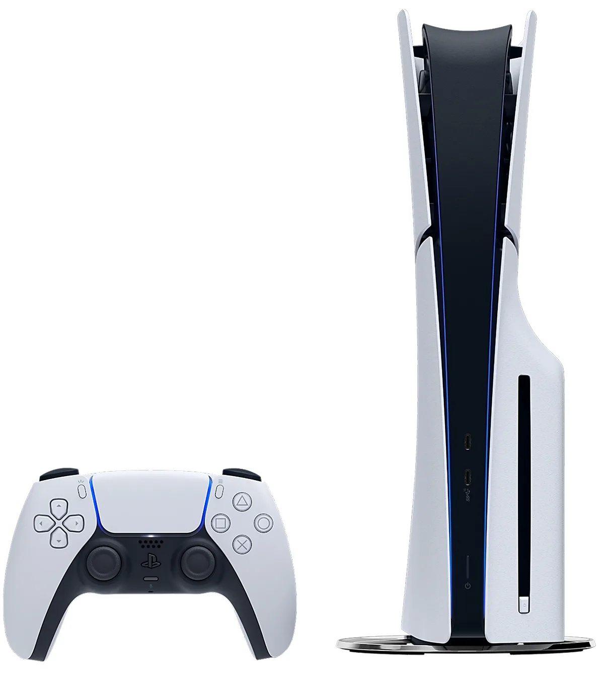 PS5 Slim disc console standing upright next to a DualSense controller