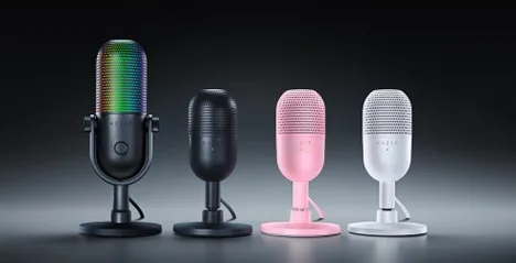 Razer Seiren V3 Chroma on its stand beside the black, pink and white Seiren V3 Mini