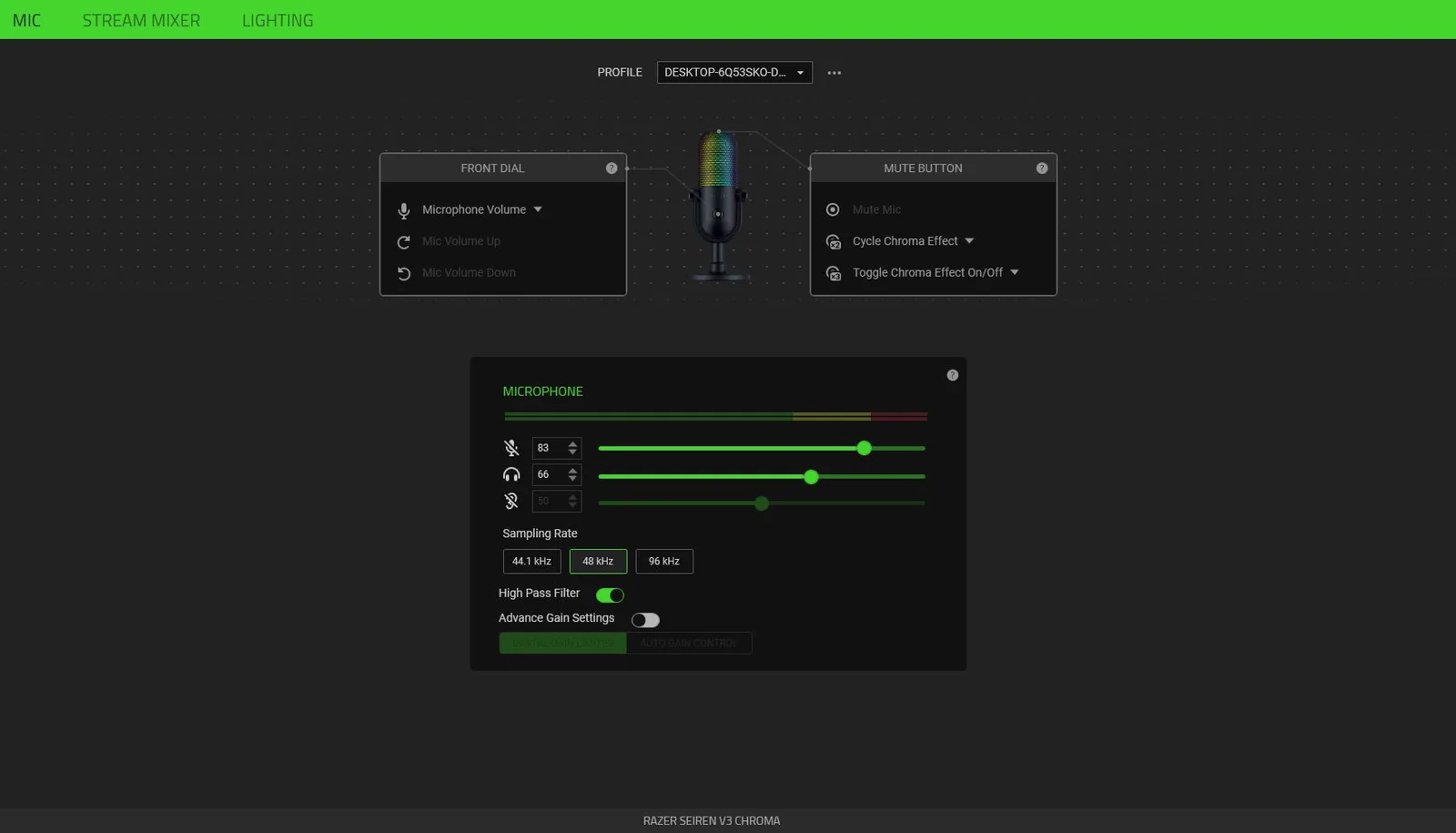 Razer Synapse Mic tab for the Seiren V3 Chroma with sampling rate and high-pass filter options