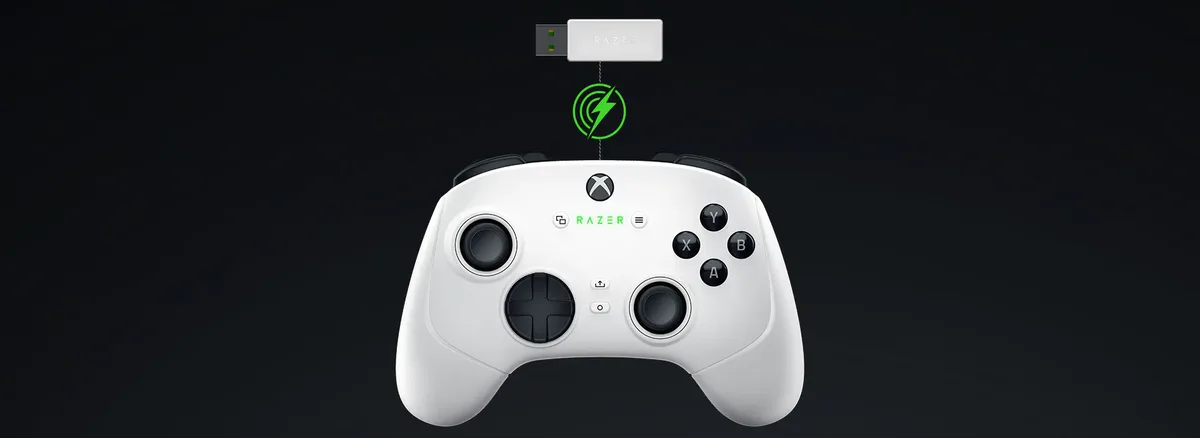 White Razer Wolverine V3 Pro with its HyperSpeed wireless dongle