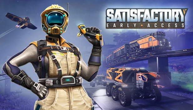 Satisfactory key art of the first-person 3D factory game
