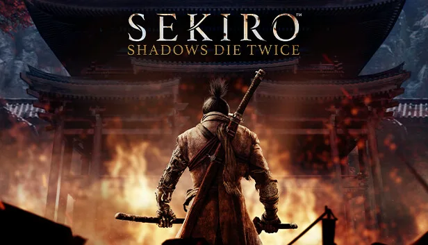 Sekiro vs Ghost of Tsushima: Sekiro: Shadows Die Twice key art showing the shinobi Wolf from behind in front of a burning temple