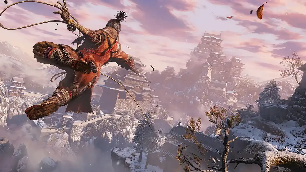 Wolf swinging over Ashina with the grappling hook in Sekiro: Shadows Die Twice