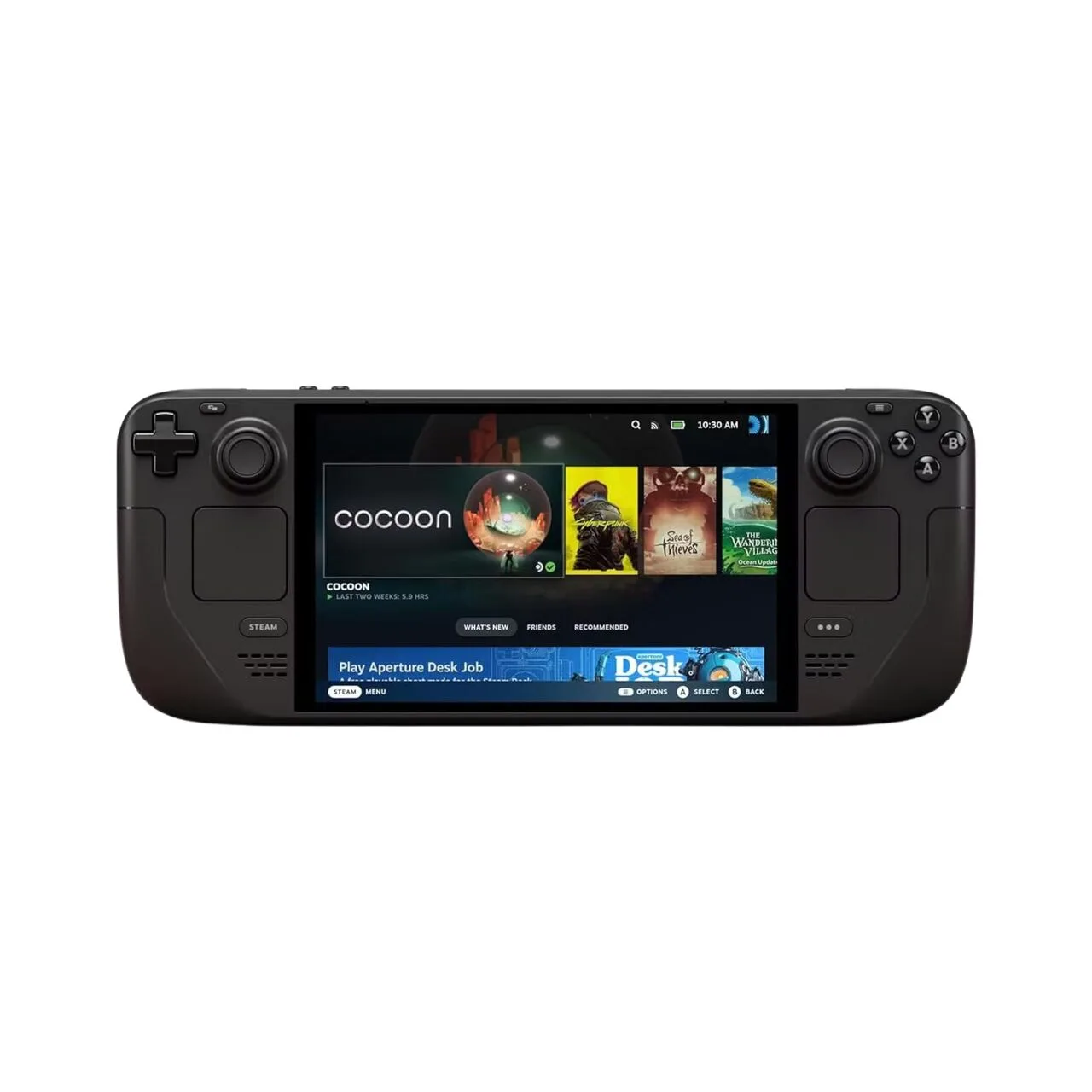 Steam Deck OLED front view with the Steam library on screen